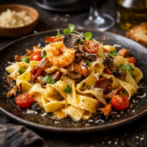 Pasta gourmet con trufa y camarones en plato artesanal